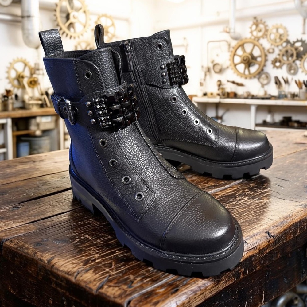 Karl Lagerfeld NWT Sz 7.5M Black Leather Studded Leather Ankle Boots (SH216)